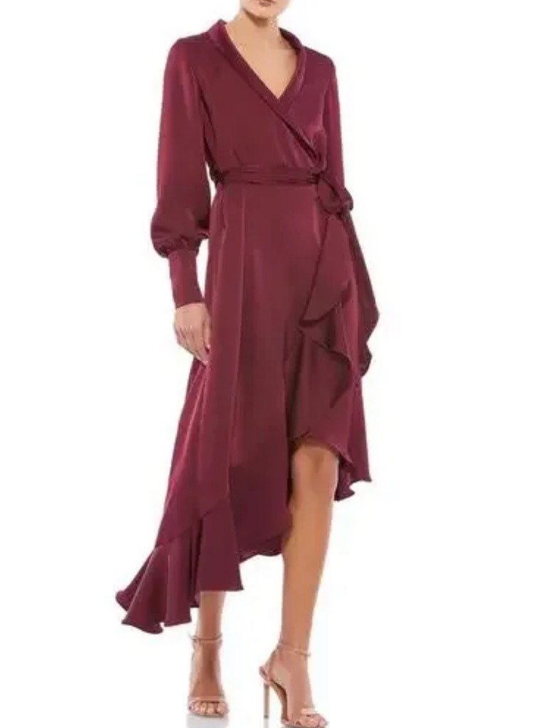 Nwt Mac Duggal Sz 10 Wine Ruffle Long Sleeve Faux Wrap Dress 12506 $398